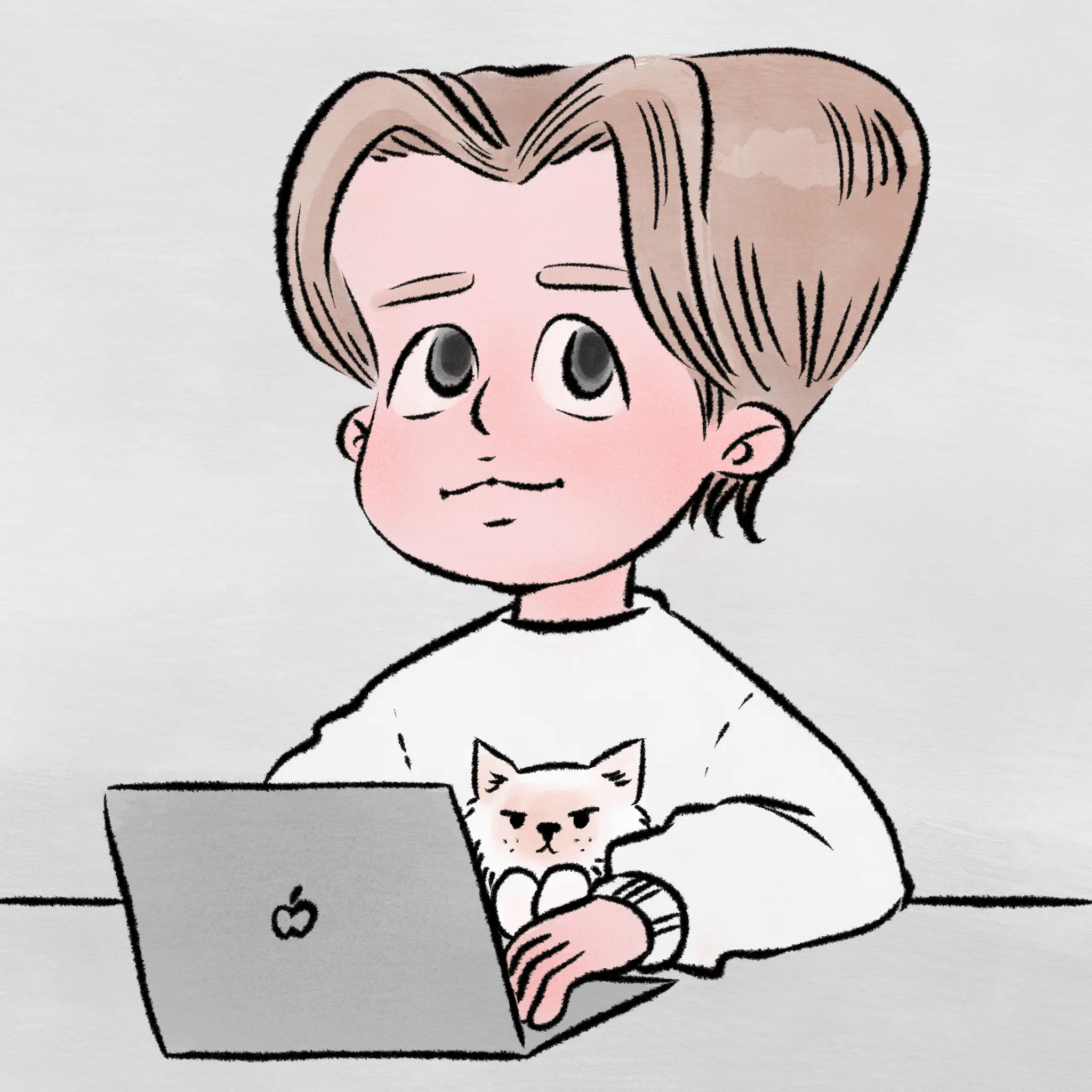 A cute cartoon illustration of a person working on a laptop with a small cat curled up next to their hands on the desk. The person is wearing a white sweater and has brown hair. The drawing style is simple and endearing with a soft color palette.